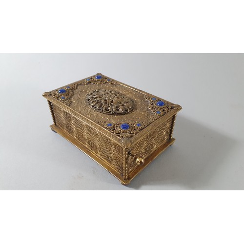 347 - An early 20th century Swiss brass and blue glass singing bird musical box, 11 x 7 x 4.5 cm, in worki... 