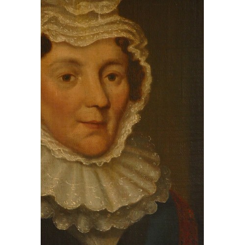 311 - Early 19th century, Mrs Eldridge, portrait with a lace bonnet, unsigned, oil on canvas, 76 x 63 cm.
... 