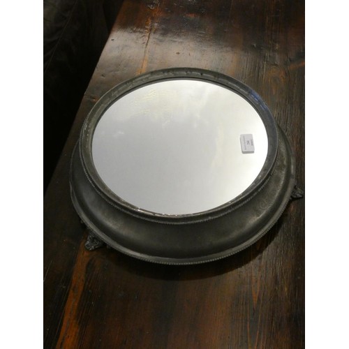 83 - A Victorian pewter cake stand with the original mirrored plate, beaded egg and dart borders framing ... 