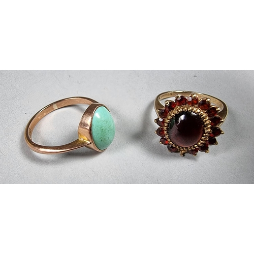189 - A 9ct rose gold turquoise ring, size R and a 9ct gold garnet cluster ring, size N 1/2, 7.2 gm.