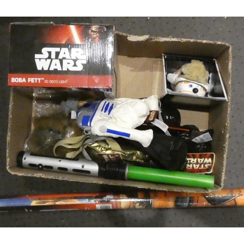 91 - A collection of Star Wars collectibles including a Boba Fett 3D deco light, neck purses, ceramic mon... 