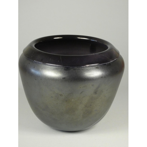 129 - An Antony Sterne, an iridescent purple vase of baluster form, studded neck, scalloped and flared rim... 