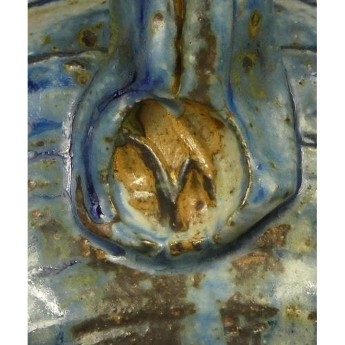 128 - A glazed chawan of cylindrical form, painted with shades of blue with a cobalt rim, unknown maker, d... 