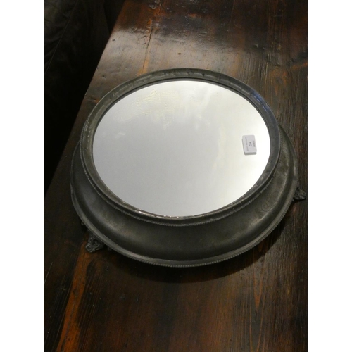 83 - A Victorian pewter cake stand with the original mirrored plate, beaded egg and dart borders framing ... 