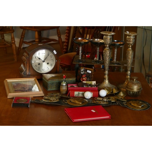 30 - A pair of brass candlestick holders (35 cm tall), together with plated chalice, a squirrel skull, a ... 