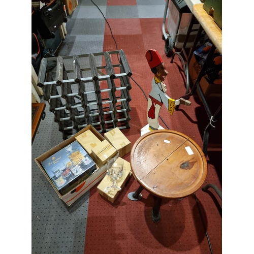 108 - A cased decanter and four whiskey glasses together with, five glass goblets, a dumb waiter, a wine r... 