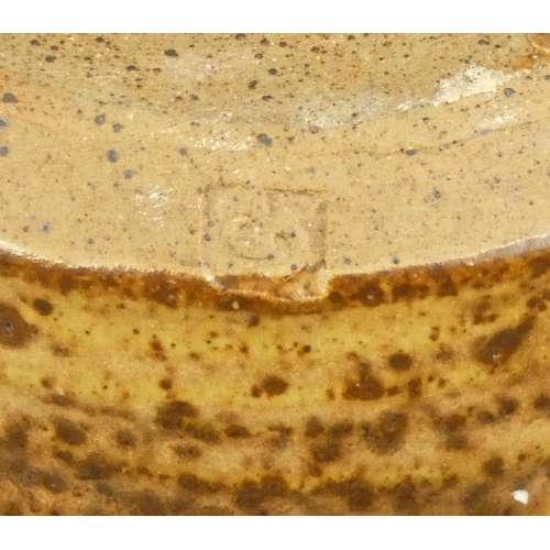 128 - A glazed chawan of cylindrical form, painted with shades of blue with a cobalt rim, unknown maker, d... 