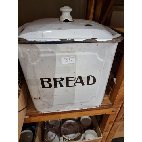81 - An early enamel white bread bin together with, a quantity of dinner/teaware makers to include- Parag... 
