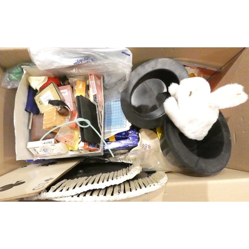 65 - A quantity of children's magic tricks to include- wands, rabbit in a hat, playing cards, bow-ties, d... 