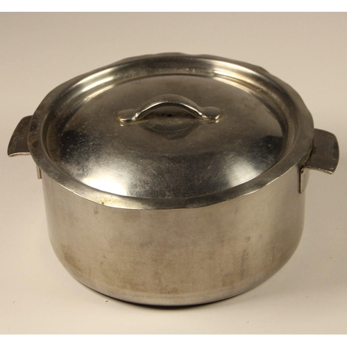 84 - Three stainless steel cooking pots, each marked to base and lid 'LMS HOTELS'