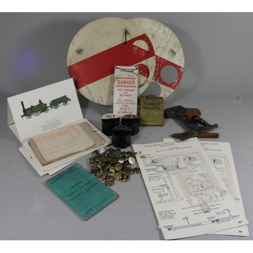 97 - A box of sundry items to include- 2 ground signal (dolly arms), 3 paycheck all stamped L.&.Y.R, 4 pa... 