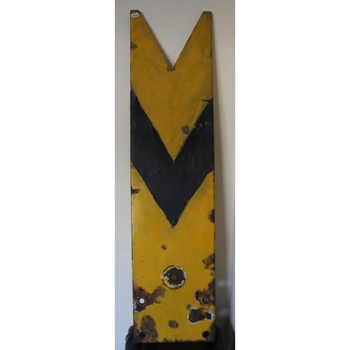 105 - A yellow and black distant signal blade, a signal arm orange aspect glass, and an enamel signal post... 