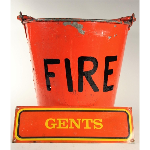 116 - A red railway fire bucket with hinged half-lid, together with a small yellow and red 'GENTS' sign