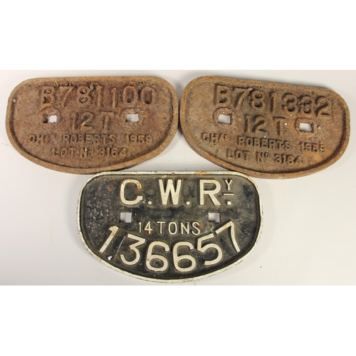 149 - Three 'D' wagon plates- Chas.Roberts (1959) B78133212T, Chas.Roberts (1959) B78110012T, G.W.R 136657... 