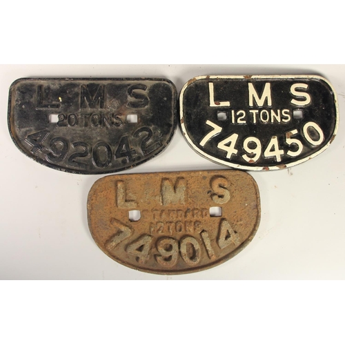 150 - Three 'D' wagon plates, LMS 492042 20T, LMS 749014 12T, LMS 749450 12T (3)