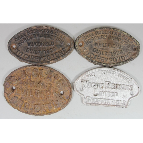 156 - Four oval wagon plates, 2 Chas.Roberts Wakefield 1924, Wagon Repairs LTD Chesterfield and S.J Claye ... 