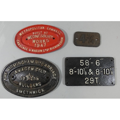 157 - Two cast iron wagon plates, BRCW Smethwick, 1936 and Metropolitan Cammell, Wednesbury, 1947, a carri... 