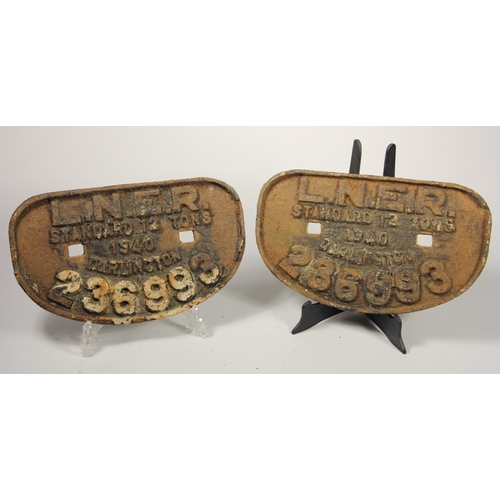 165 - A pair of matching 'D' wagon plates- LNER standard 12 tons Darlington 1940 No. 236993 (from same wag... 