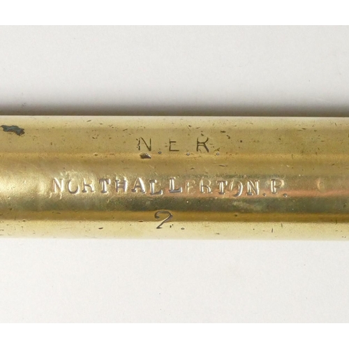 207 - A brass/copper N.E.R lamplighters lamp- used to light carriage gas lights. Stamped N.E.R Northallert... 