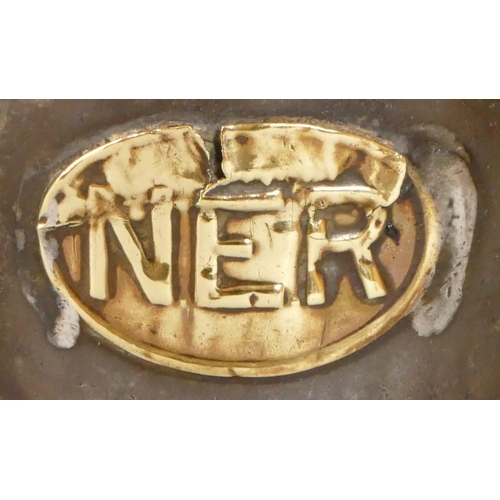 208 - Two N.E.R flare lamps, one with 'NER' oval brass plaque together with 2 1/2 pint beer bottles, L.2.Y... 