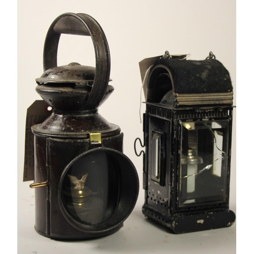 212 - A small 3 aspect LNER hand lamp with burner together with a beveled glass candle lamp with spare can... 