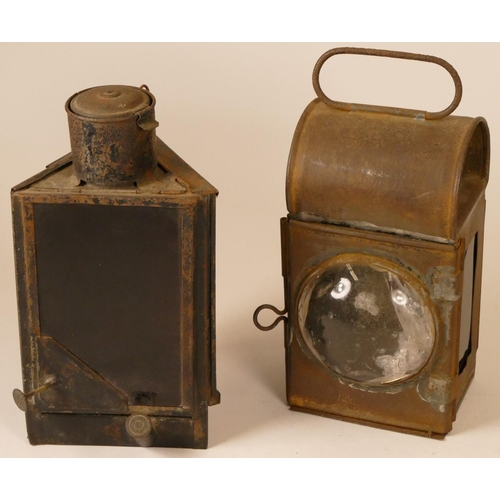 222 - An LNER hand lantern with burner, stamped LNER, together with an unmarked triangular lamp with burne... 