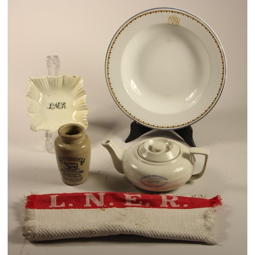 238 - Three LNER china items all marked LNER- soup dish, teapot with lid, fluted bon-bon dish and tea towe... 