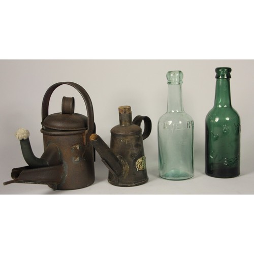 208 - Two N.E.R flare lamps, one with 'NER' oval brass plaque together with 2 1/2 pint beer bottles, L.2.Y... 