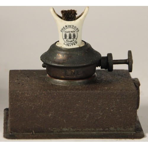 209 - A gauge lamp complete with L.N.E burner and two wooden bowls, largest bowl stamped with GER on base,... 