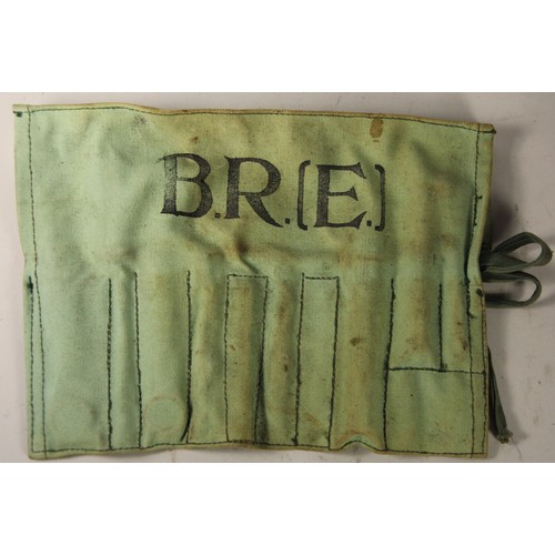 96 - A box of sundry items to include- cloth container of 8 tools marked B.R(E)D.M Flectcher, Frodringham... 