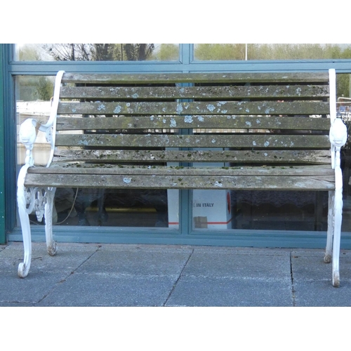 2 - A white painted cast metal with hardwood slats garden seat 126cm long together with a composite half... 