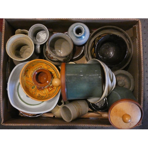 31 - A collection of stoneware flagons, early ceramic hot water bottles together, with a box of studio an... 