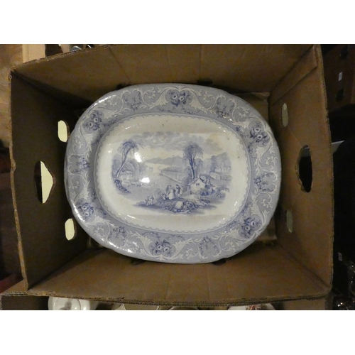 37 - Three boxes of ceramics to include, meat platters, water jugs, part Shelly tea ware, bed pans, etc. ... 