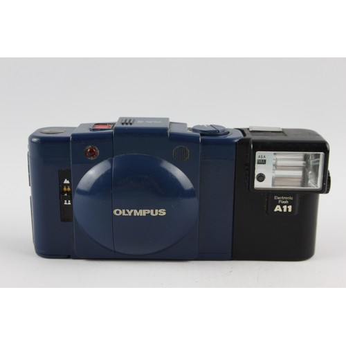 70 - A blueOlympus XA 2 Compact Film Camera w/ A11 Electronic Flash