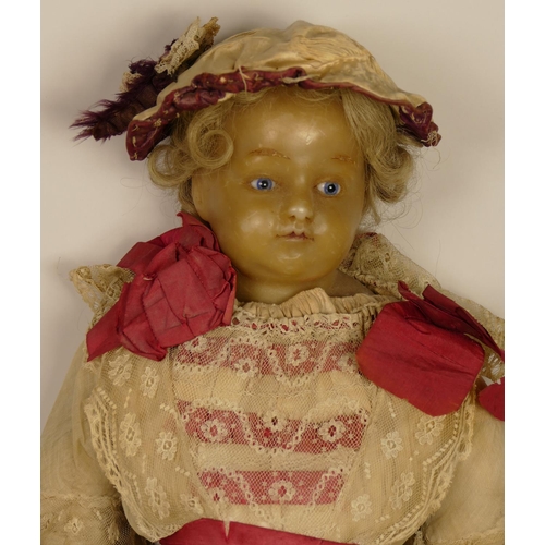 288 - Four early 19th century wax head dolls, dressed in period clothing, 48 cm, 63 cm, 70 cm and 83 cm (4... 