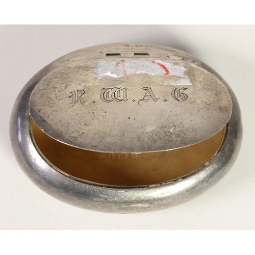 A silver oval tobacco box, Birmingham 1902, of squeeze opening form, 8 x 6  cm, 2 oz
