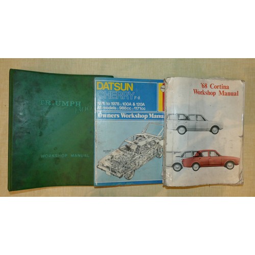 13 - A collection of assorted vehicle manuals and workshop guides, including Datsun Cherry,  Ford Cortina... 