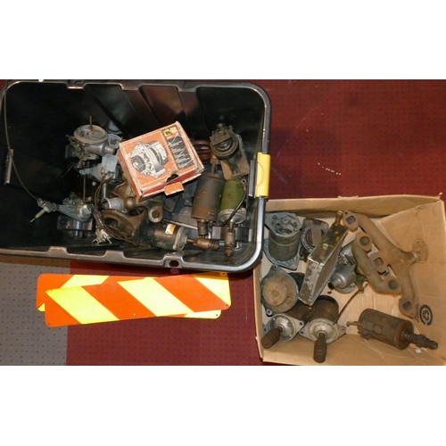 163 - A collection of starter motors, alternators, radiators and manifolds