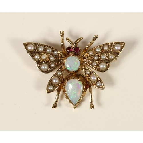 71 - A 9ct gold opal, ruby and half pearl Victorian style butterfly brooch, London 198, 27 x 20mm, 3.2gm.