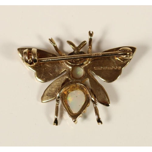 71 - A 9ct gold opal, ruby and half pearl Victorian style butterfly brooch, London 198, 27 x 20mm, 3.2gm.