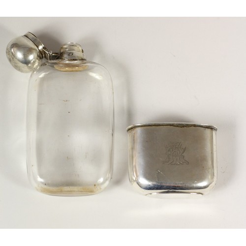 13 - A Victorian silver and glass hip flask, by Dixon & Sons, Sheffield 1887, twist bayonet cap, pull off... 