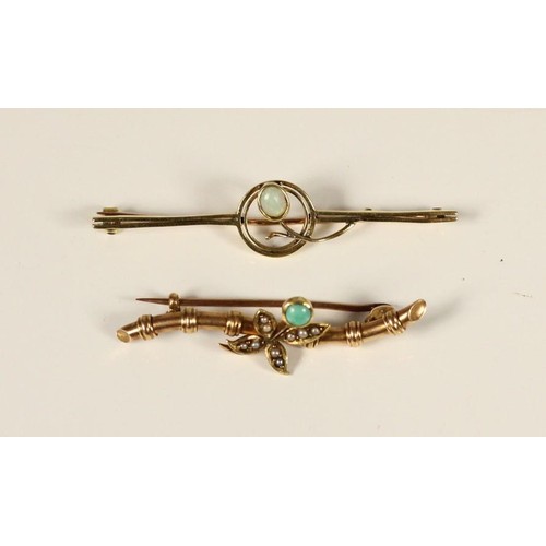 81 - An Edwardian 15ct gold and opal bar brooch and a Victorian gold, turquoise and pearl bar brooch, tes... 