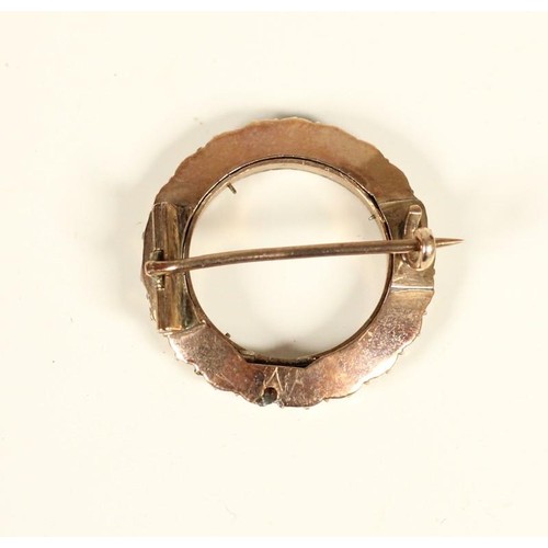 89 - A Victorian rose gold hoop brooch, set with half pearls, diameter 23mm, 4gm