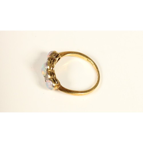 108 - An Edwardian 18ct gold, opal and diamond threes stone ring, stamped 18ct, numbered 6851, milligrain ... 