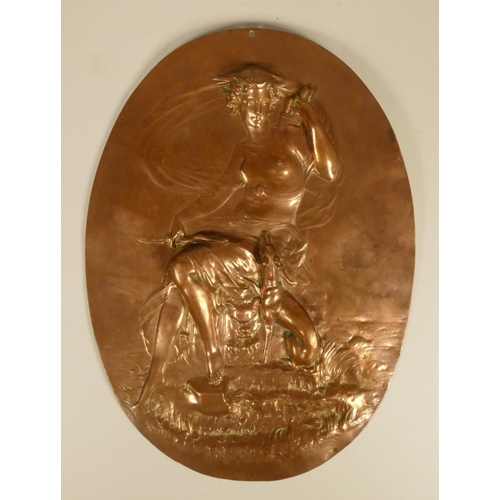 167 - A 19th century cast copper panel of Diana the Huntress seated on a quarry, 35 x 25 cm