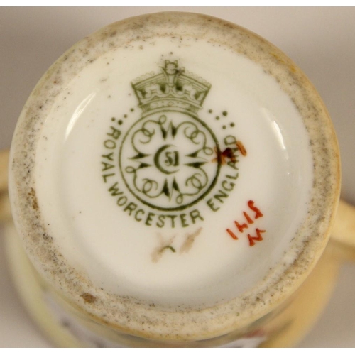 176 - A collection of Royal Worcester porcelain to include, two miniature blush ivory two handled cups, a ... 