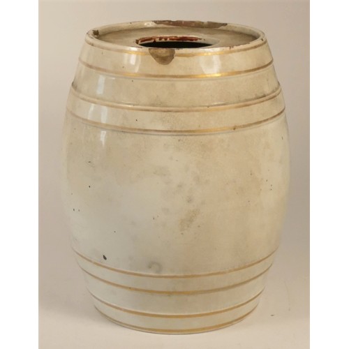 180 - An early 20th century pottery PORT dispenser in the shape of a barrel, no lid or tap