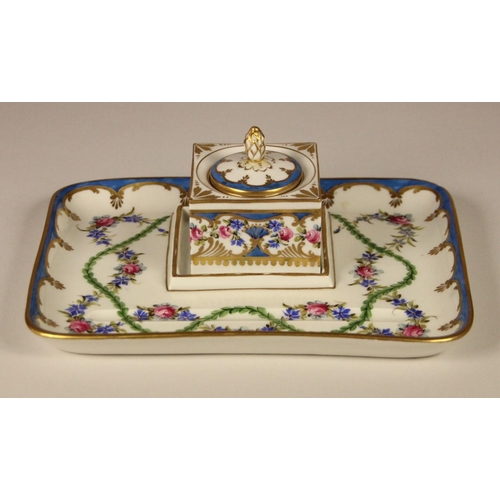 182 - A Dresden porcelain ink well and tray, floral and gold detailing, signed to base,  tray 20 x 16 cm, ... 