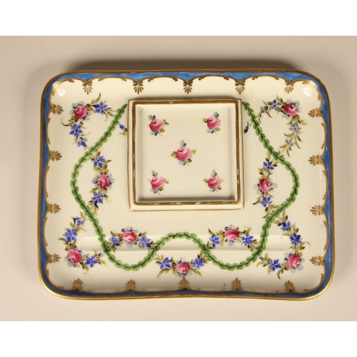 182 - A Dresden porcelain ink well and tray, floral and gold detailing, signed to base,  tray 20 x 16 cm, ... 