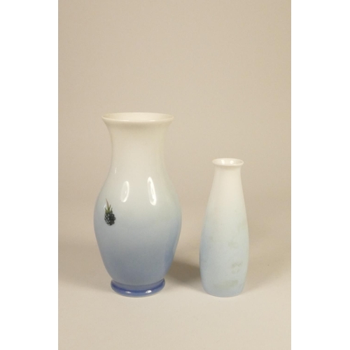 185 - Two porcelain Royal Copenhagen vases, white and blue body with painted flowers with blackberries, st... 